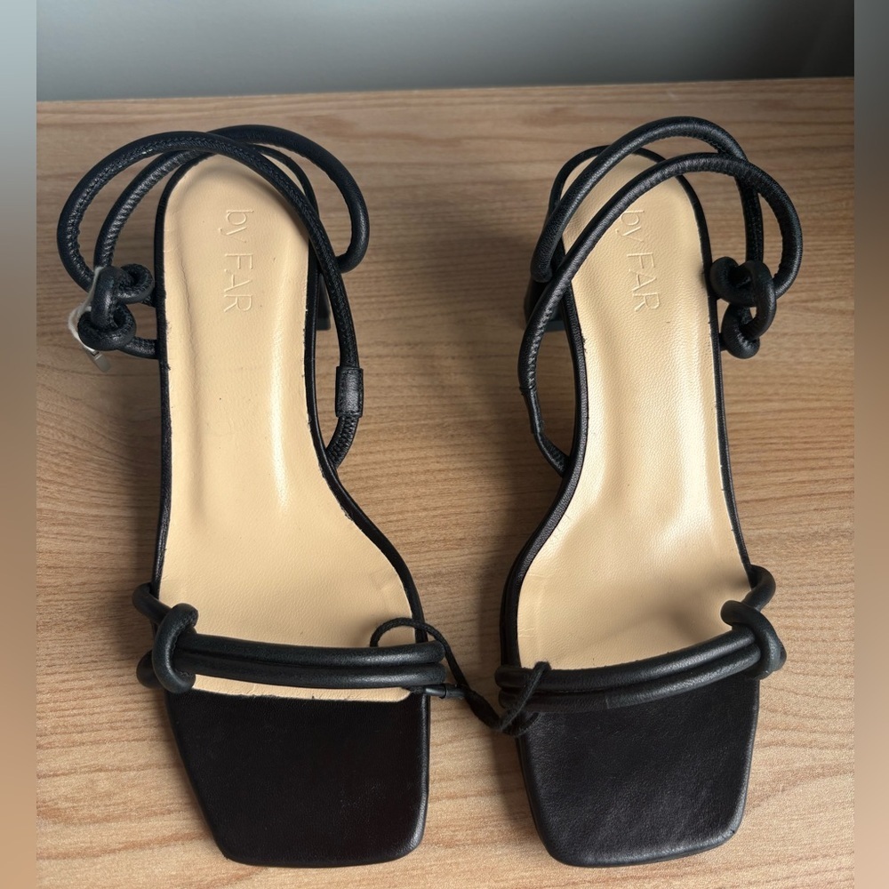 By Far Charlie Black Leather Knot Sandals Size 36 Square Toe 2.5” Heel - Picture 3 of 15
